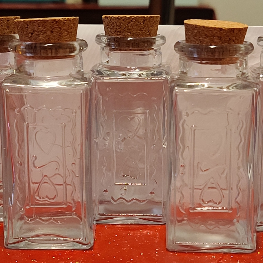 Embossed Glass Storage Jars With Cork Tops Set Of 6 Jars   4 Oz Each